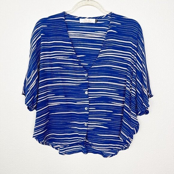 Ava Sky Blue Sapphire Stripe Button Front Dolman Rayon Blouse Womens XS - Picture 2 of 8